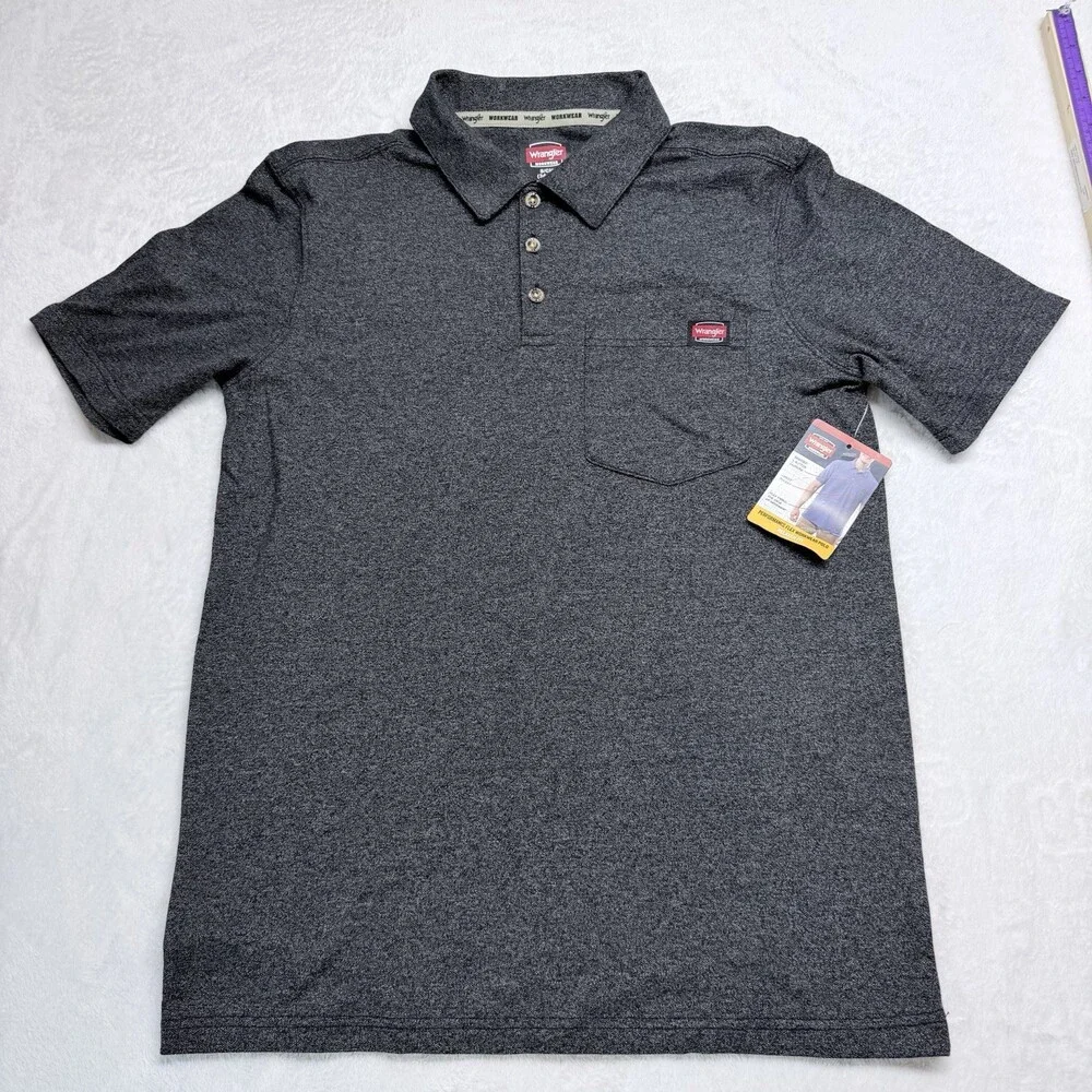 Wrangler’s Performance Flex Workwear Polo Short Sleeve, Black Heather, Sz Small